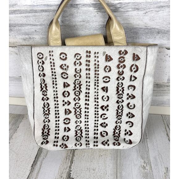 Pibra Women’s White Cutout Horsehair Italian Leather Handle Bag Boho Purse Rare - Picture 2 of 12